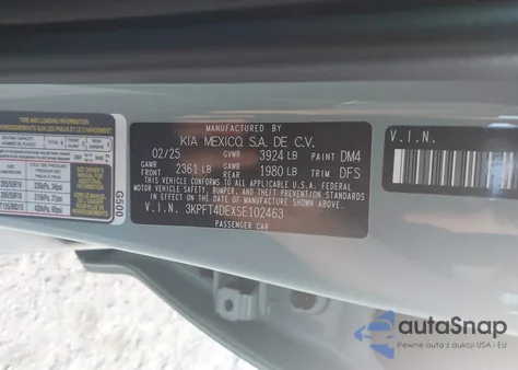 2025 Kia K4 Lxs из США, поврежденный, VIN 3KPFT4DEXSE102463